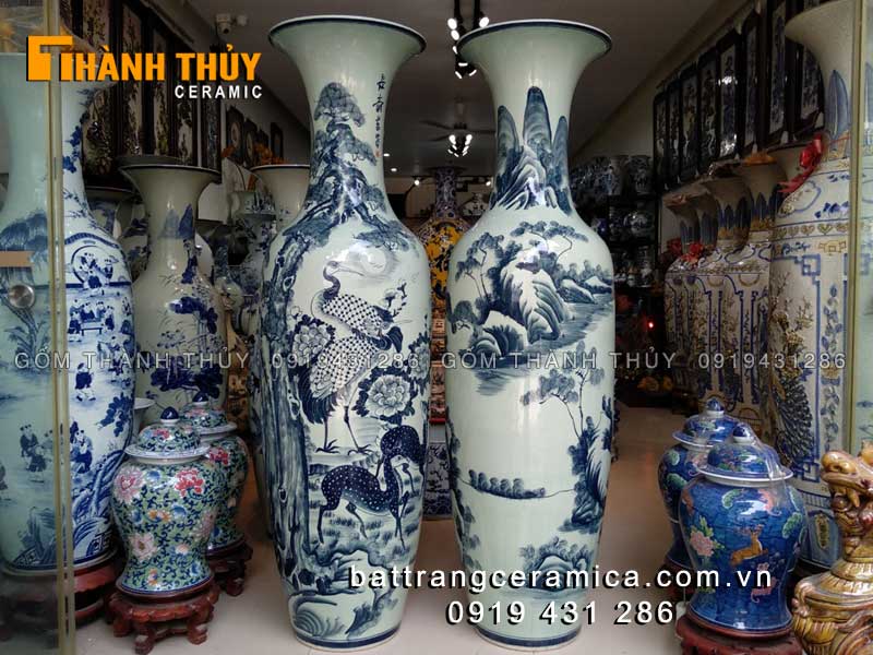 Lục bình tùng lộc hạc men chàm Bát Tràng cao 1m6 phong thủy may mắn