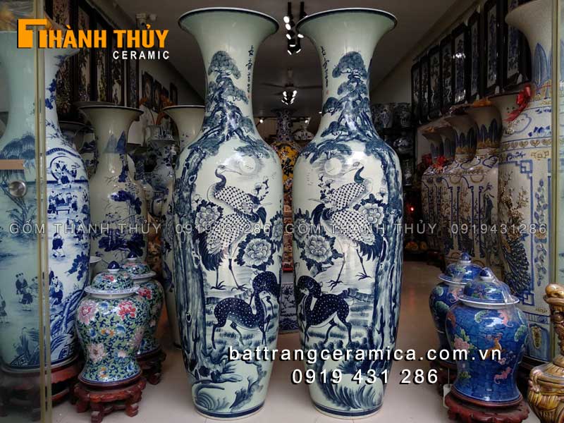 Lục bình tùng lộc hạc men chàm Bát Tràng cao 1m6 phong thủy may mắn 