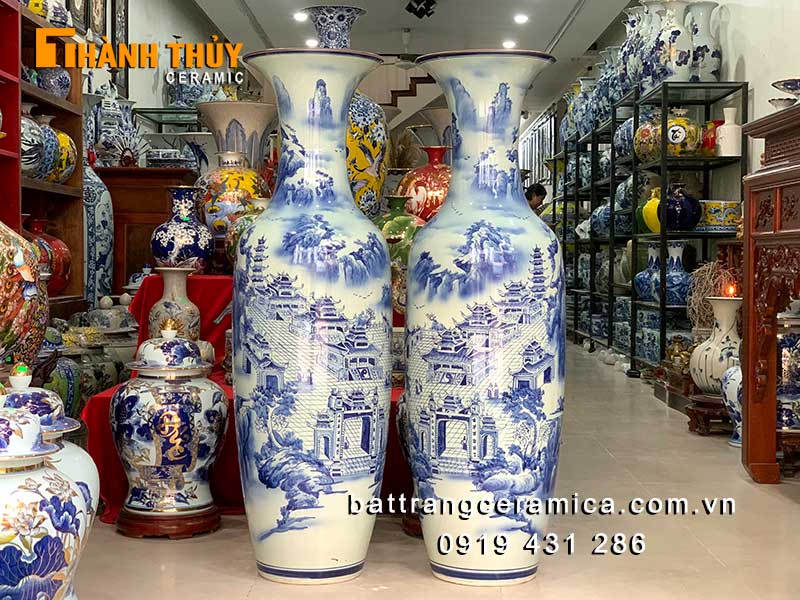 Lọ lộc bình sơn thủy xanh lam 3D cao 1m2 phong thủy may mắn