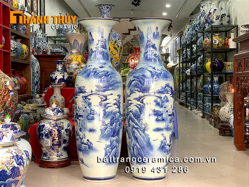 Lọ lộc bình sơn thủy xanh lam 3D cao 1m2 phong thủy may mắn
