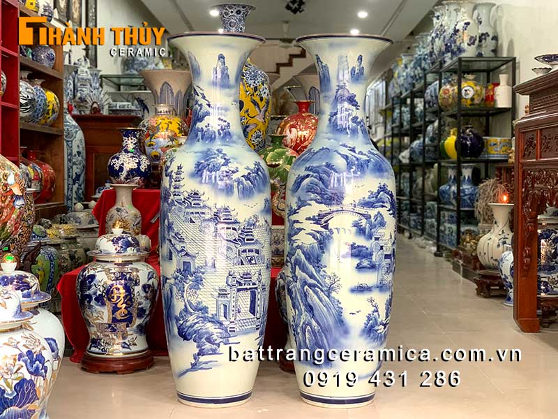 Lọ lộc bình sơn thủy xanh lam 3D cao 1m2 phong thủy may mắn 