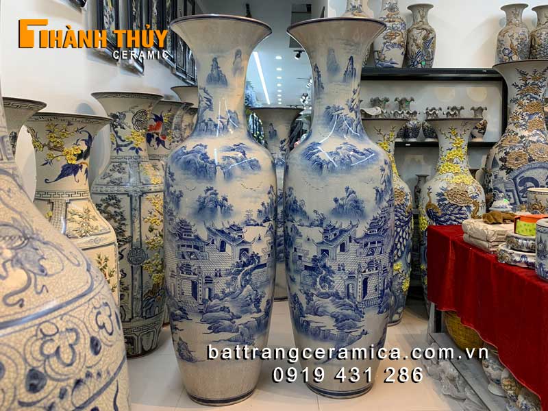Lục bình sơn thủy 3D men rạn bóng 1m6 cao cấp Bát Tràng bán chạy