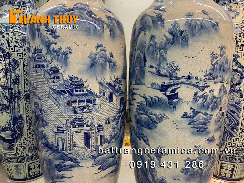 Lục bình sơn thủy 3D men rạn bóng 1m6 cao cấp Bát Tràng bán chạy