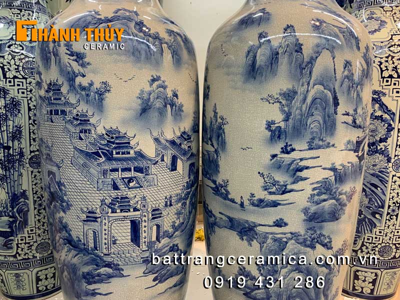 Lục bình sơn thủy 3D men rạn bóng 1m6 cao cấp Bát Tràng bán chạy