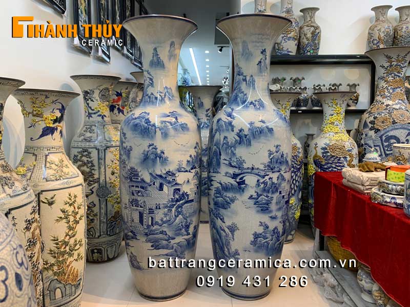 Lục bình sơn thủy 3D men rạn bóng 1m6 cao cấp Bát Tràng bán chạy 
