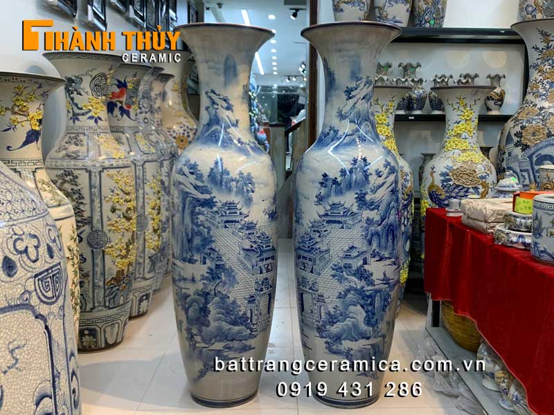 Lọ lộc bình sơn thủy 3D men rạn bóng 1m4 gốm Bát Tràng cao cấp