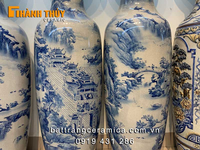 Lọ lộc bình sơn thủy 3D men rạn bóng 1m4 gốm Bát Tràng cao cấp