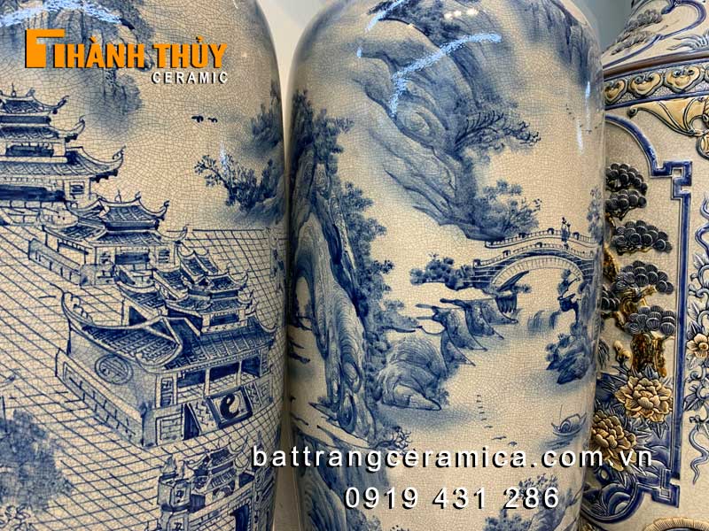 Lọ lộc bình sơn thủy 3D men rạn bóng 1m4 gốm Bát Tràng cao cấp