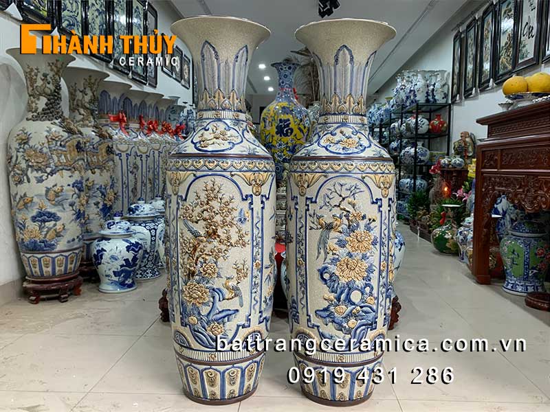 Lộc bình tứ quý men rạn Bát Tràng 1m4 đắp nổi độc đáo