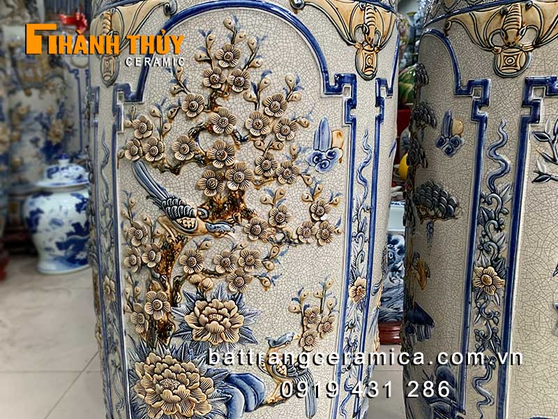 Lộc bình tứ quý men rạn Bát Tràng 1m4 đắp nổi độc đáo