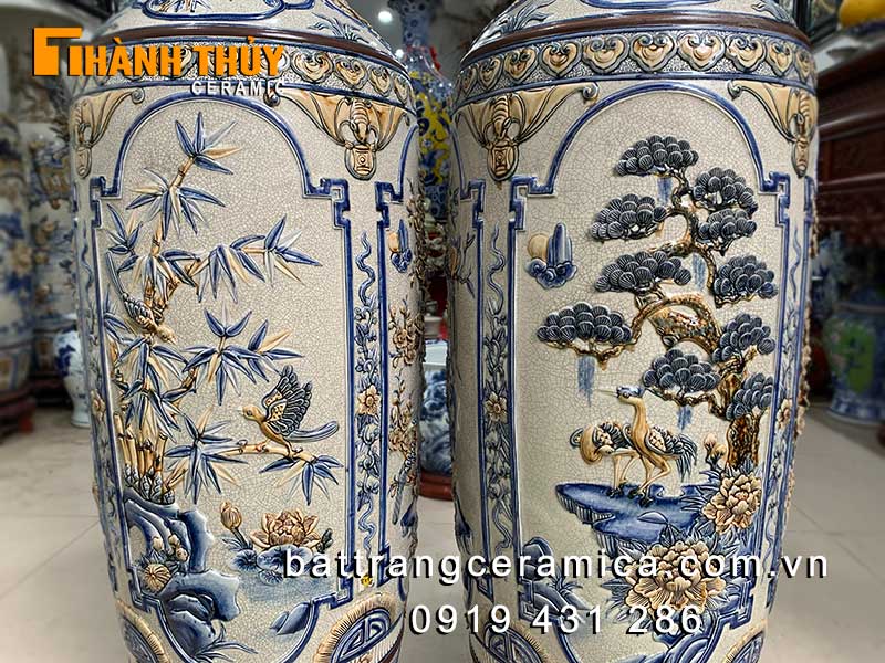 Lộc bình tứ quý men rạn cao 1m6 đắp nổi Sang trọng May mắn