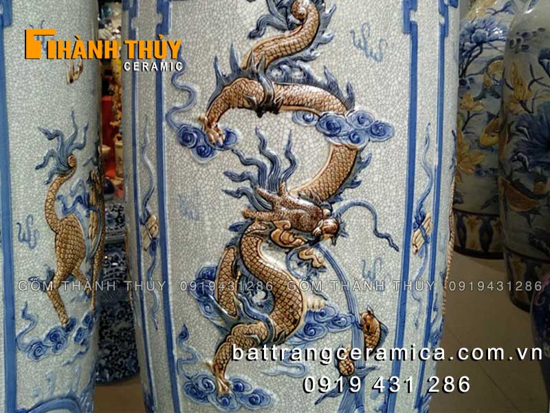 Lục bình Tứ Linh men rạn 1m4 đắp nổi cao cấp, phong thủy sang