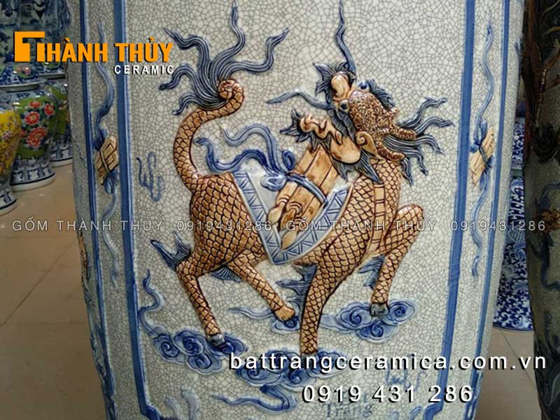 Lục bình Tứ Linh men rạn 1m4 đắp nổi cao cấp, phong thủy sang