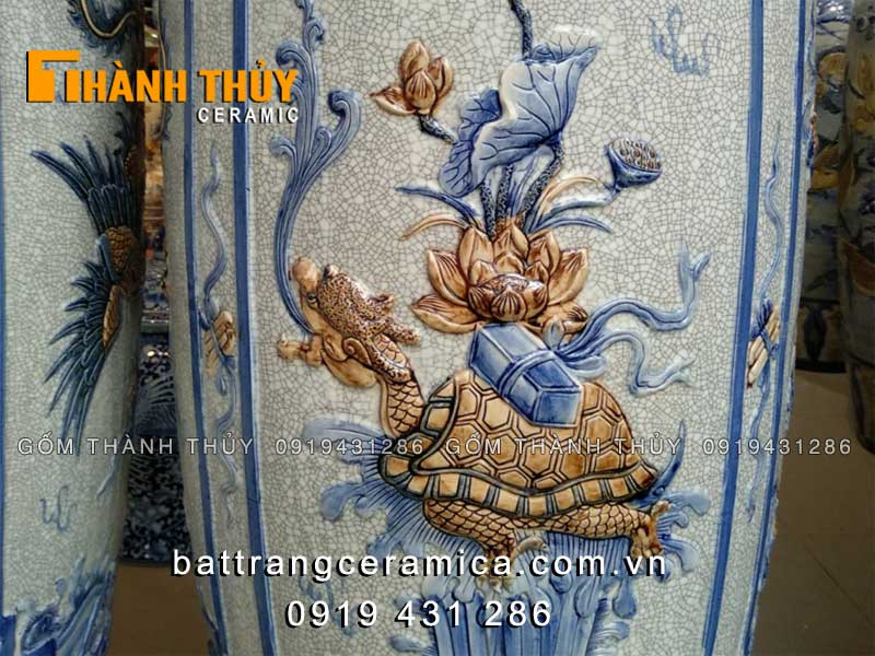 Lục bình Tứ Linh men rạn 1m4 đắp nổi cao cấp, phong thủy sang