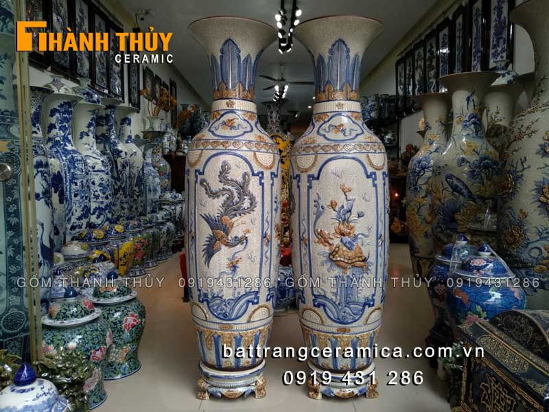 Lục bình Tứ Linh men rạn 1m4 đắp nổi cao cấp, phong thủy sang