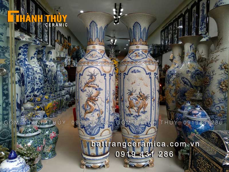 Lục bình Tứ Linh men rạn 1m4 đắp nổi cao cấp, phong thủy sang 