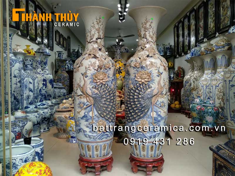 Lục Bình Công Đào Men Rạn 1m2 Đắp Nổi Tinh Xảo Sang Trọng