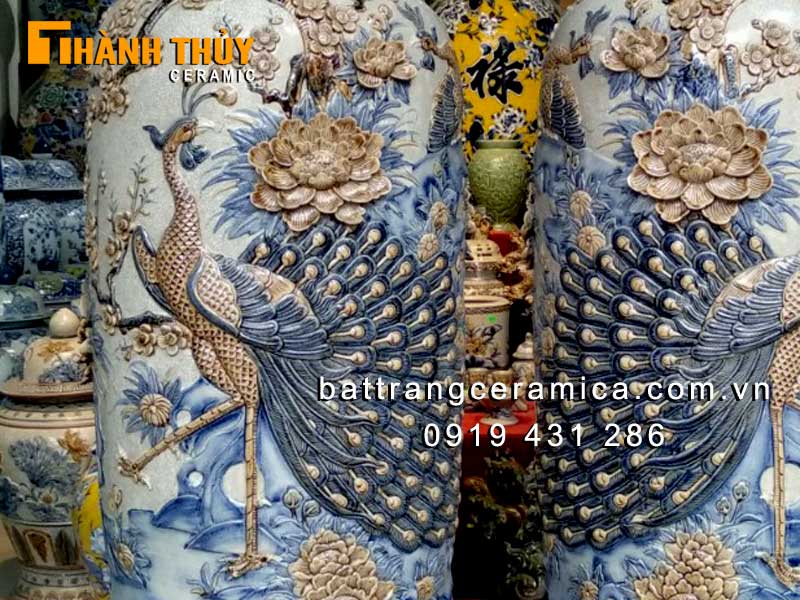 Lục Bình Công Đào Men Rạn 1m2 Đắp Nổi Tinh Xảo Sang Trọng