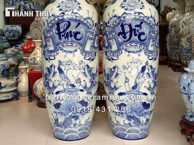 Lọ lộc bình Phúc Đức 1m6 tứ cảnh men Lam quà Tết ý nghĩa