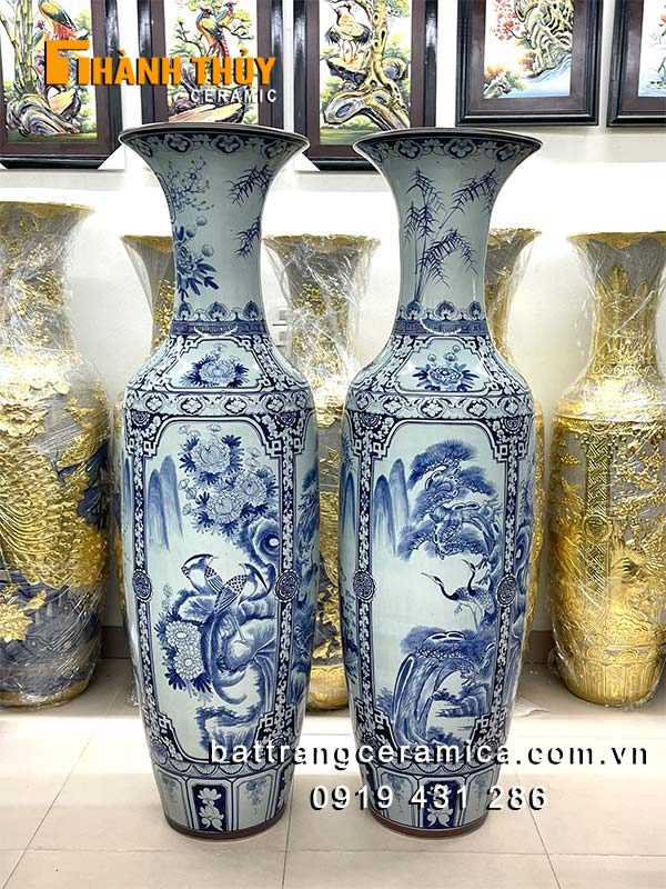 Lọ lộc bình tứ quý men Lam Bát Tràng 1m6 trang trí phòng khách