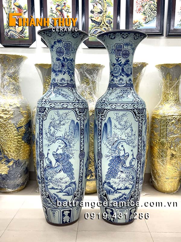 Lọ lộc bình tứ quý men Lam Bát Tràng 1m6 trang trí phòng khách