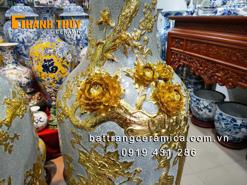 Lộc bình Công Đào dát vàng 1m6 sang trọng quà tặng cao cấp