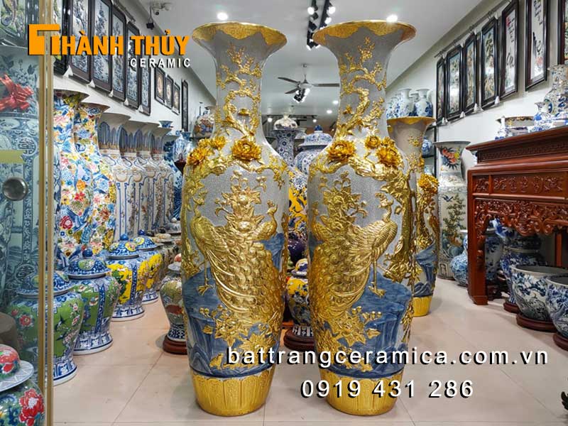 Lộc bình Công Đào dát vàng 1m6 sang trọng quà tặng cao cấp 