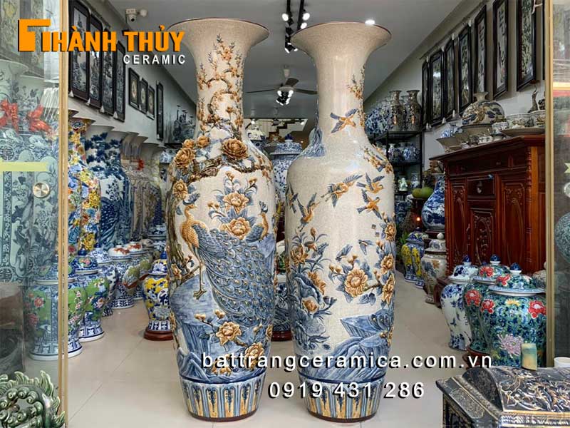Lộc bình Công Đào đắp nổi cao cấp 1m45 quà tặng tài lộc phong thủy