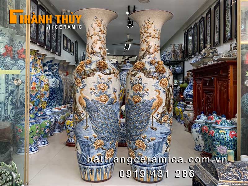 Lộc bình Công Đào đắp nổi cao cấp 1m45 quà tặng tài lộc phong thủy 