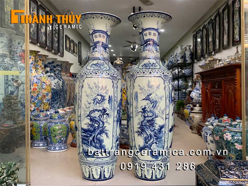 Lộc bình tứ cảnh men Lam 1m6 sang trọng quà tặng phong thủy