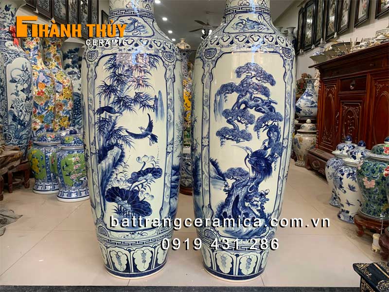 Lộc bình tứ cảnh men Lam 1m6 sang trọng quà tặng phong thủy