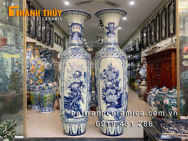 Lộc bình tứ cảnh men Lam 1m6 sang trọng quà tặng phong thủy