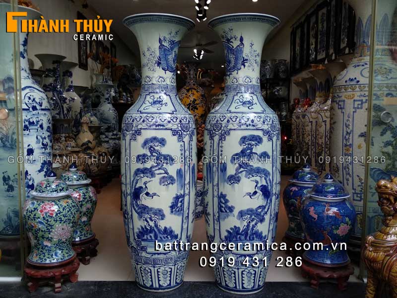 Lọ lục bình sứ Bát Tràng tứ quý men Lam 1m4 sang trọng quà tặng