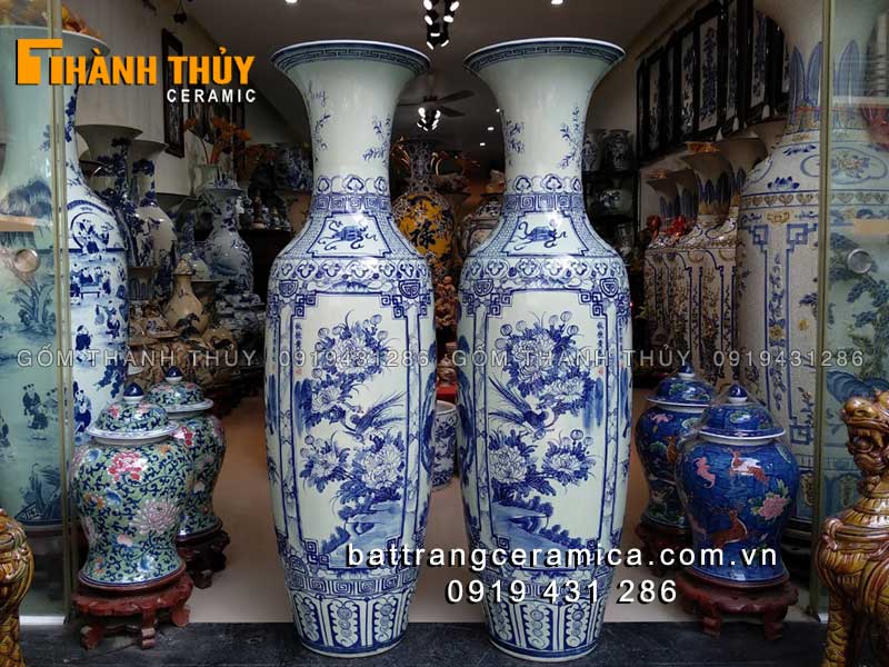 Lọ lục bình sứ Bát Tràng tứ quý men Lam 1m4 sang trọng quà tặng