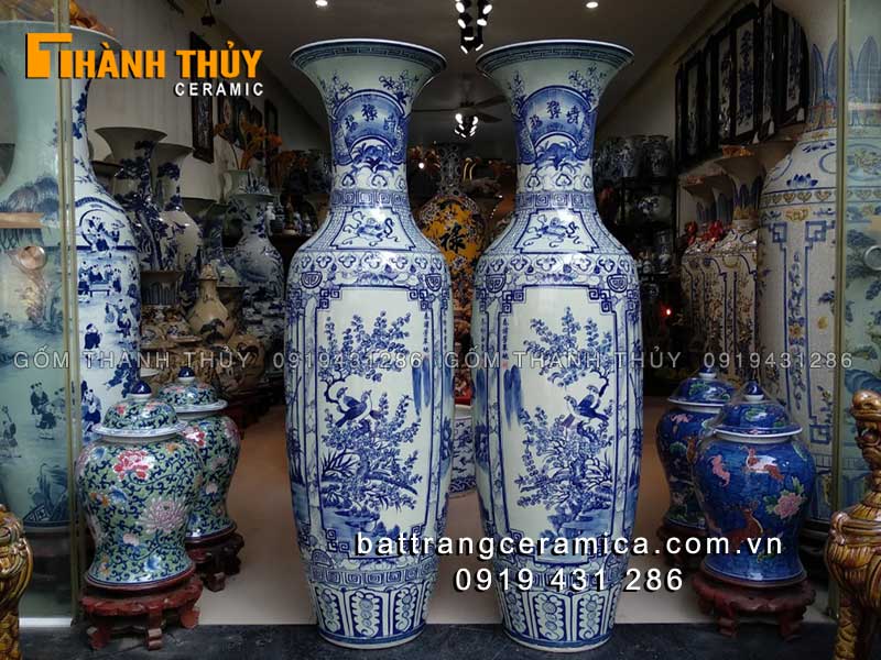 Lọ lục bình sứ Bát Tràng tứ quý men Lam 1m4 sang trọng quà tặng