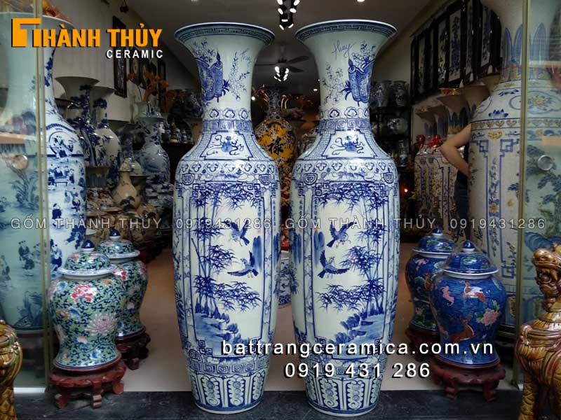 Lọ lục bình sứ Bát Tràng tứ quý men Lam 1m4 sang trọng quà tặng 