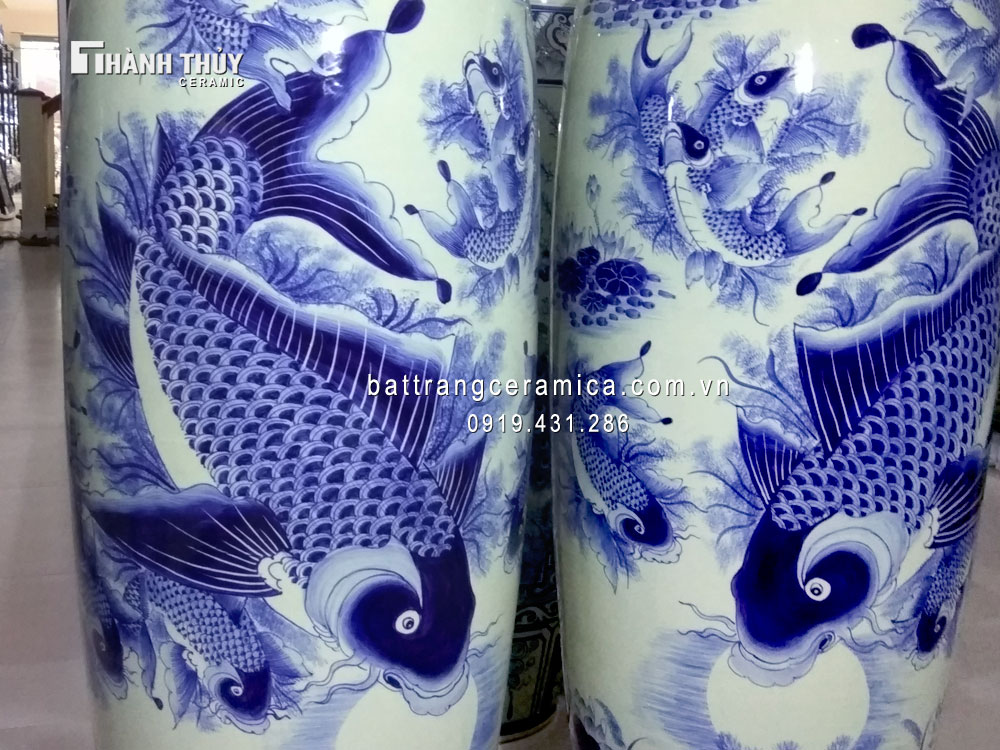 Lục bình Lý ngư vọng nguyệt 1m6 men cổ cao cấp phong thủy