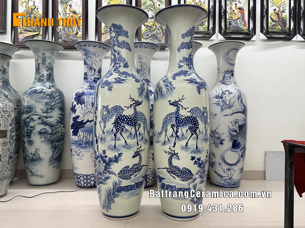 Lộc bình Tùng hươu 1m6 gốm sứ Bát Tràng vẽ tay sắc nét