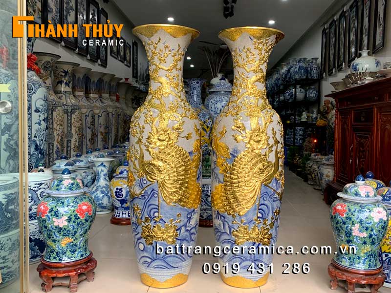 Lộc bình dát vàng chim Công hoa Đào Sang trọng Phong thủy Bát Tràng