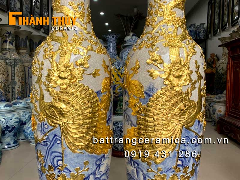 Lộc bình dát vàng chim Công hoa Đào Sang trọng Phong thủy Bát Tràng
