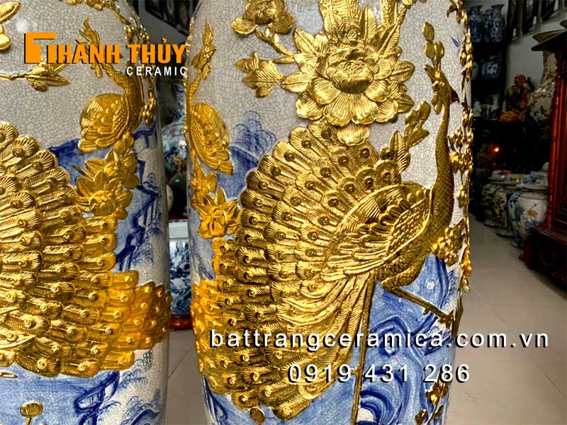 Lộc bình dát vàng chim Công hoa Đào Sang trọng Phong thủy Bát Tràng