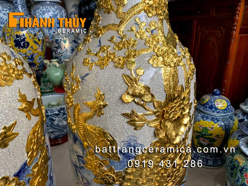 Lộc bình dát vàng chim Công hoa Đào Sang trọng Phong thủy Bát Tràng