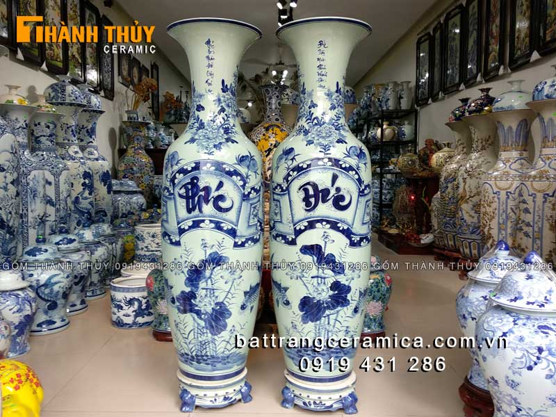 Lộc bình Phúc Đức Bát Tràng 1m6 men xanh Lam vẽ tay đẹp sang