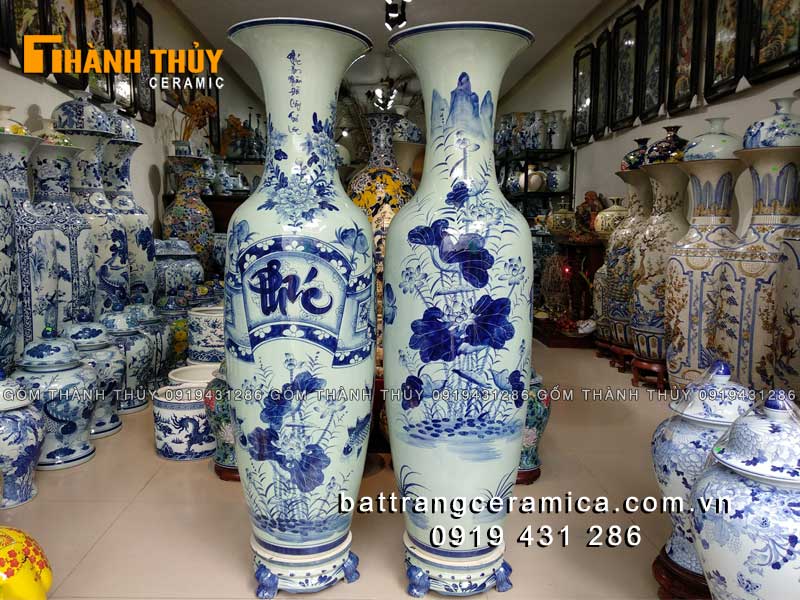 Lộc bình Phúc Đức Bát Tràng 1m6 men xanh Lam vẽ tay đẹp sang