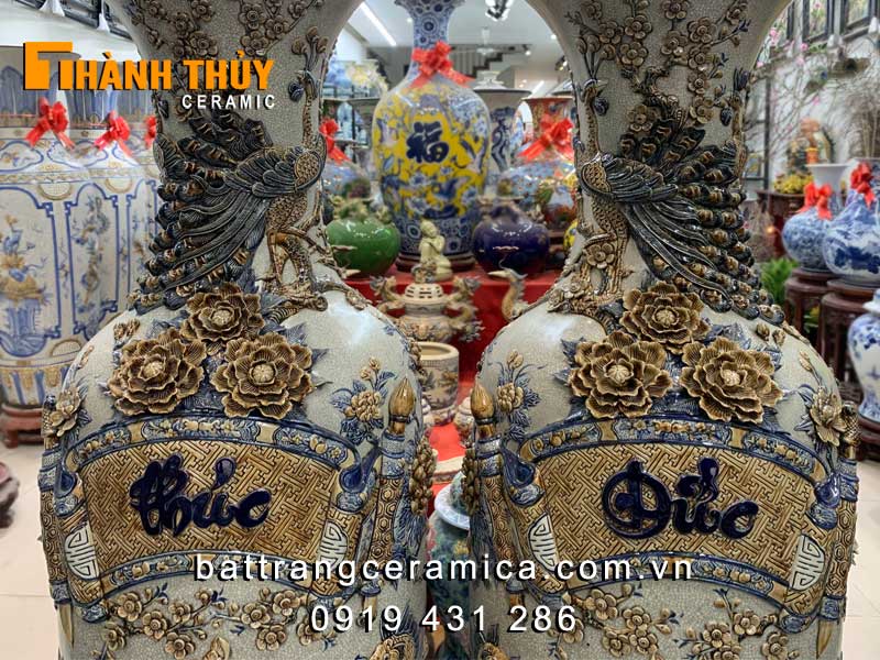 Đôi lục bình Phúc Đức 1m4 đắp nổi tinh xảo gốm Bát Tràng