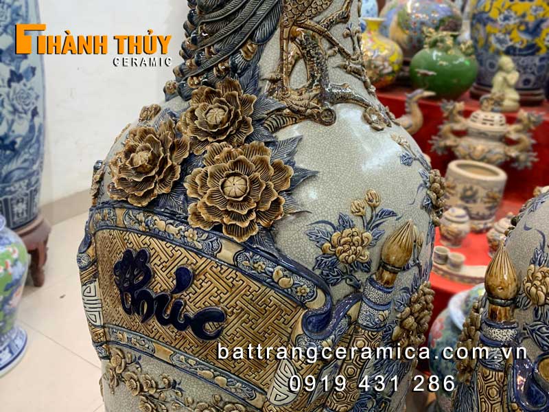 Đôi lục bình Phúc Đức 1m4 đắp nổi tinh xảo gốm Bát Tràng