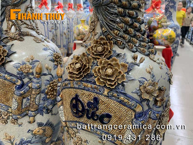 Đôi lục bình Phúc Đức 1m4 đắp nổi tinh xảo gốm Bát Tràng