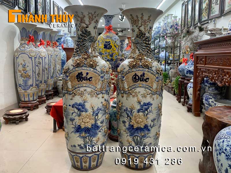 Đôi lục bình Phúc Đức 1m4 đắp nổi tinh xảo gốm Bát Tràng 