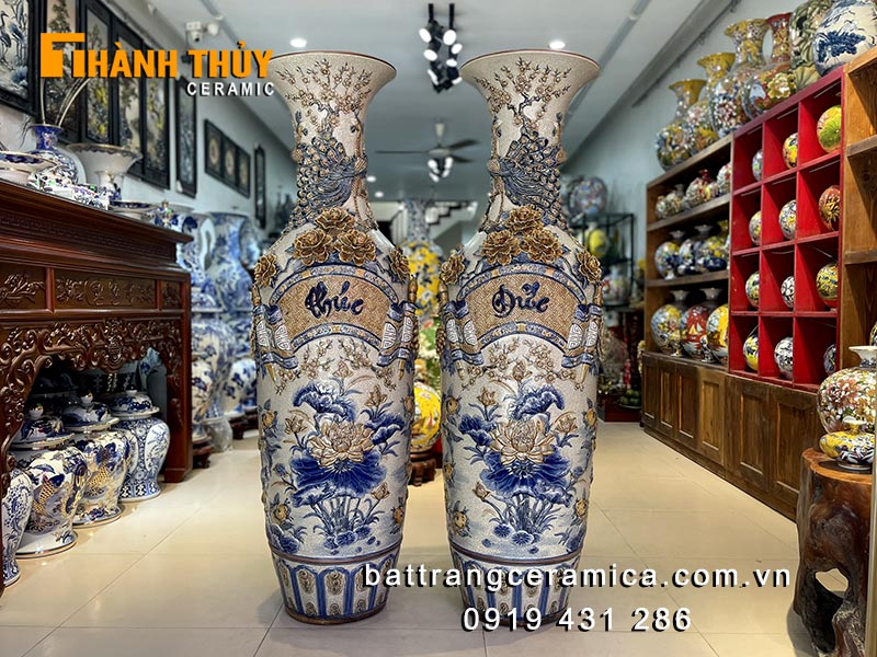 Lọ lục bình Phúc Đức cao cấp 1m6 đắp nổi sứ Bát Tràng đẹp sang trọng
