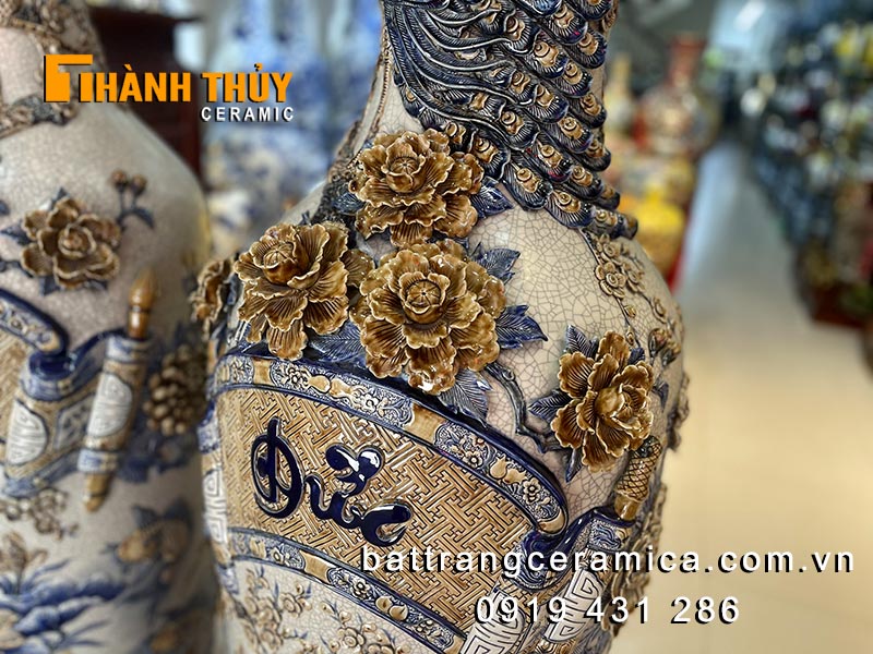 Lọ lục bình Phúc Đức cao cấp 1m6 đắp nổi sứ Bát Tràng đẹp sang trọng